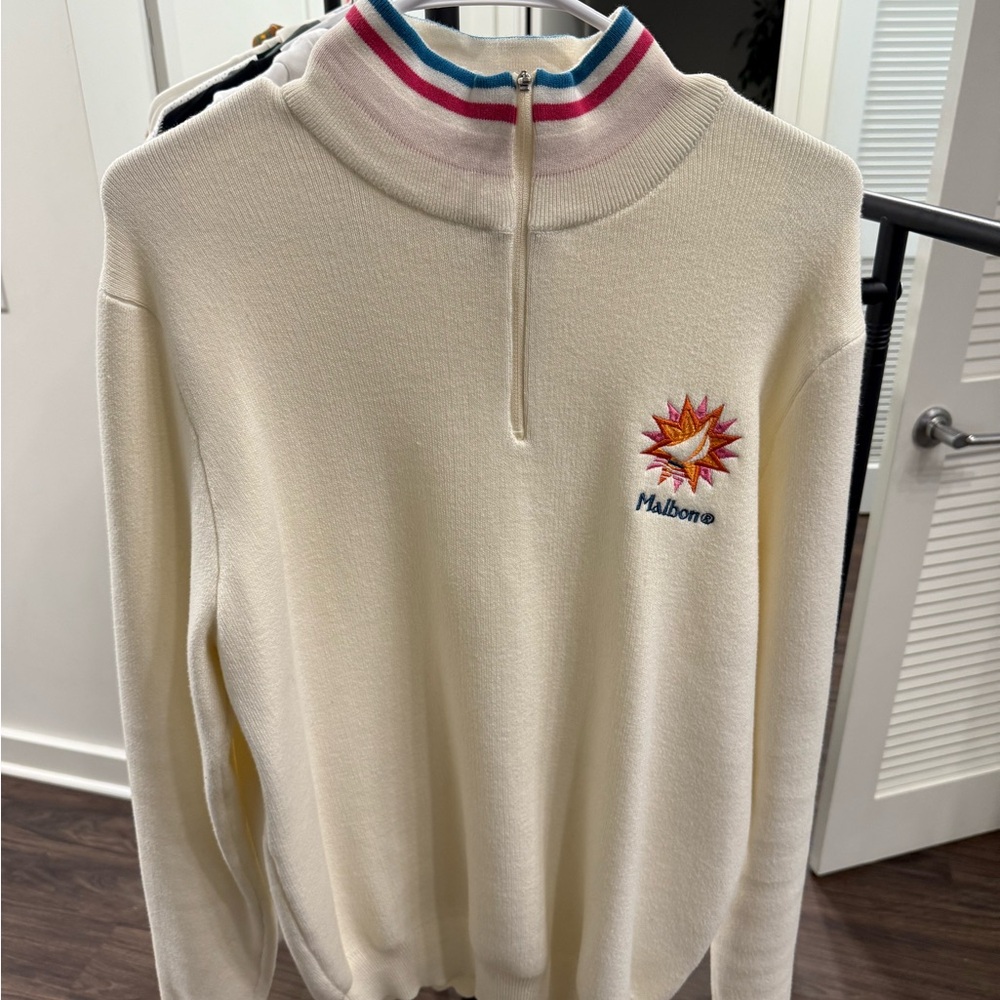 Malbon Cream Half-Zip Sweater with Embroidered Logo